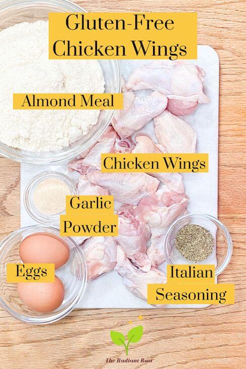Gluten Free Chicken Wings Ingredients Raw Chicken, Almond Meal, Eggs, Italian Seasoning, Garlic Powder | The Radiant Root