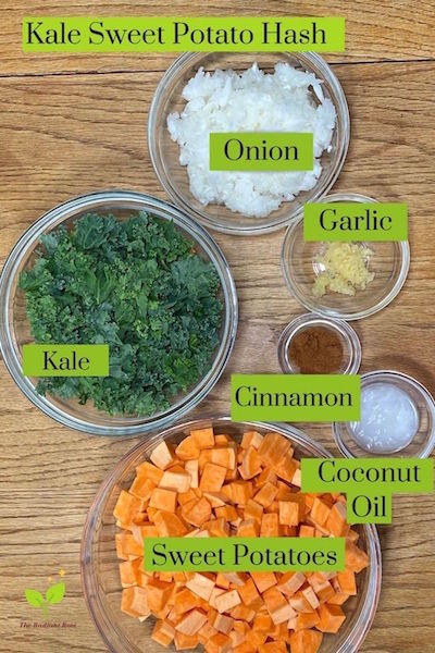 Ingredients for Kale Sweet Potato Hash White Onion, Kale, Garlic, Coconut Oil, Cinnamon and Sweet Potatoes | The Radiant Root