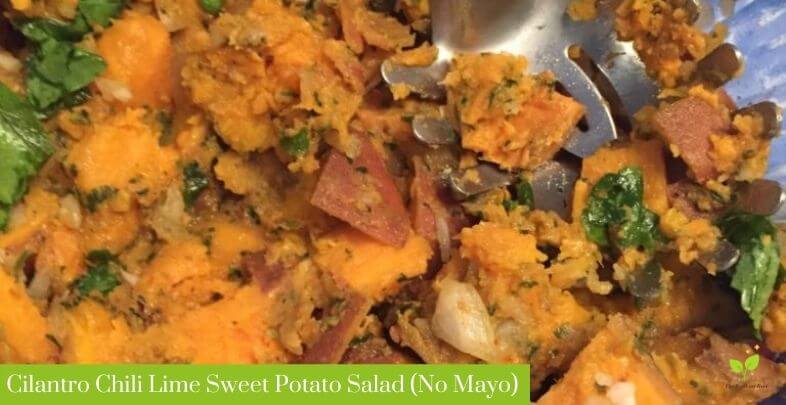 Cilantro Chili Lime Sweet Potato Salad (No Mayo) in a Glass Bowl with a Metal Spoon | The Radiant Root