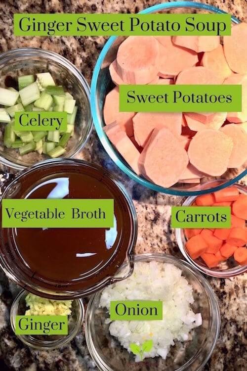 Ingredients of soup: Sweet potatoes, celery, carrots, onion, ginger for Ginger Sweet Potato Soup Ingredients |