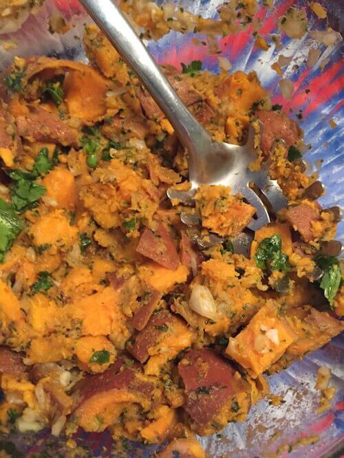 Cilantro Chili Lime Sweet Potato Salad (No Mayo) in a Glass Bowl with a Metal Spoon | The Radiant Root