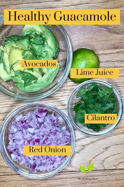Healthy Guacamole Recipe Ingredients avocados, lime juice, cilantro, and red onion | The Radiant Root