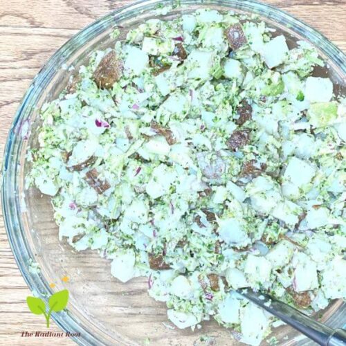 Broccoli Potato Salad in a glass bowl | The Radiant Root