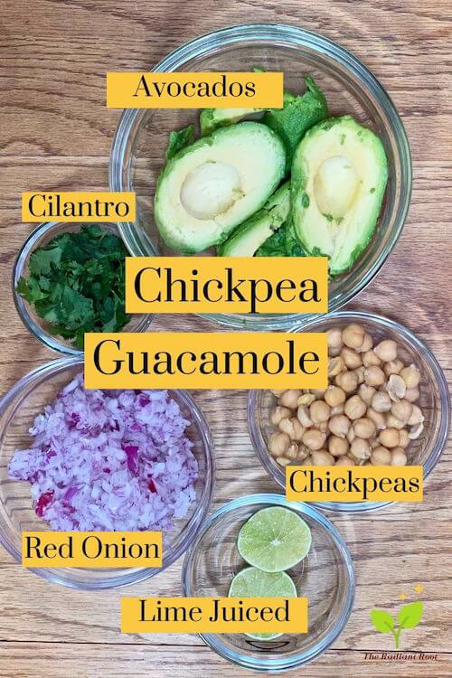 Chickpea guacamole ingredients avocados, cilantro, red onion, lime juice, and chickpeas | The Radiant Root