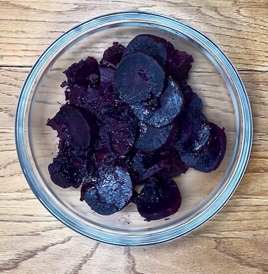 Cooled Purple Sweet Potatoes in a Glass Bowl for Purple Sweet Potato Salad | The Radiant Root