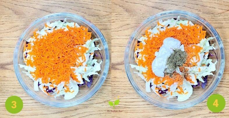 Whole30 coleslaw instructions a bowl with red cabbage, green cabbage, and carrots next to the next instruction with a bowl of red cabbage, green cabbage, carrots, coconut cream, and Italian seasoning | The Radiant Root