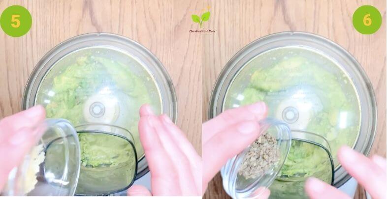 two photos side by side of an avocado blended in a food processor with garlic being adding in one photo on the left and basil being added to the mixture in the photo on the right | The Radiant Root