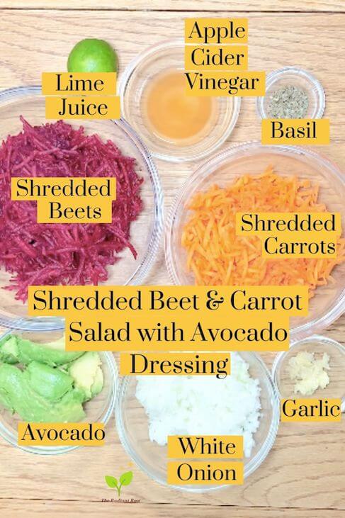 shredded beet and carrot salad ingredients in bowls on a wooden table: garlic, white onion, avocado, shredded carrots, shredded beets, lime juice, basil, apple cider vinegar | The Radiant Root