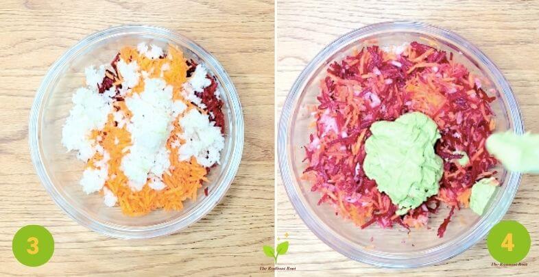 Instructions for compiling the salad 3 and 4 two photos one on the left with a glass bowl with shredded carrots, beets, and onions, the photo on the right has a bowl with shredded beets, carrots, and onion mixed together with a dollop of avocado dressing on top | The Radiant Root