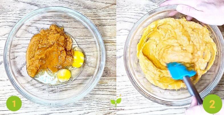 Protein Muffin with Pumpkin Wet ingredients (egg and pumpkin puree) mixed together in a glass bowl | The Radiant Root