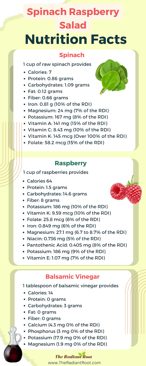 Spinach Raspberry Salad Nutrition Facts Infographic | berry spinach salad| Includes the Nutritional Value of Spinach, Nutrients in Spinach, Nutritional Value of Raspberries and the Nutritional Value of Balsamic Vinegar | The Radiant Root