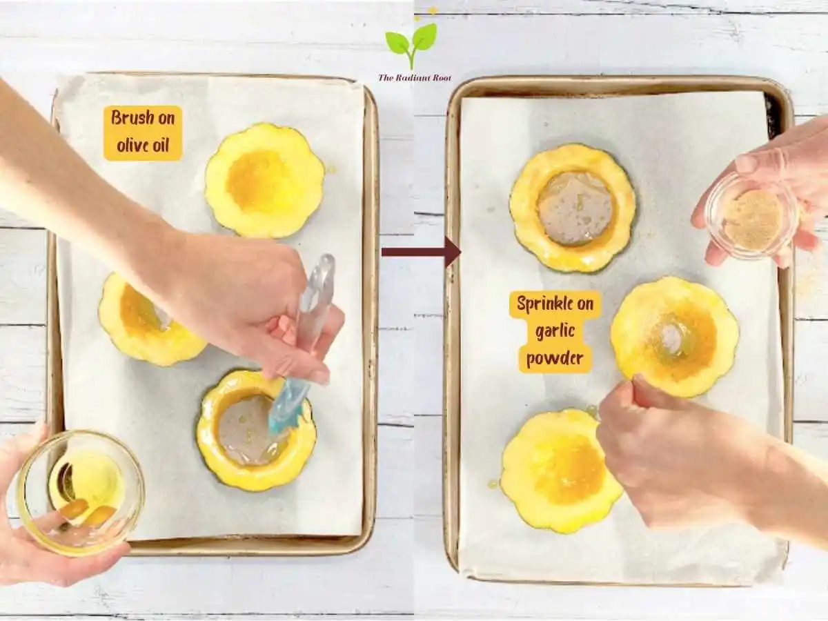 Instructions 10 and 11 of 19 for the baked acorn squash slices: Two photos side by side. On the left is a photo of a white wooden table with the brown parchment paper lined baking sheet with the 3 acorn squashes. There are two hands brushing on olive oil onto the acorn squashes and the words saying “brush on olive oil.” On the right photo you see a white wooden table with a brown baking sheet lined with parchment paper and the olive oil coated acorn squashes. Two hands are shown sprinkling garlic powder on the squash slices. There are words that read “Sprinkle on garlic powder.” | Baked Acorn Squash Slices | The Radiant Root