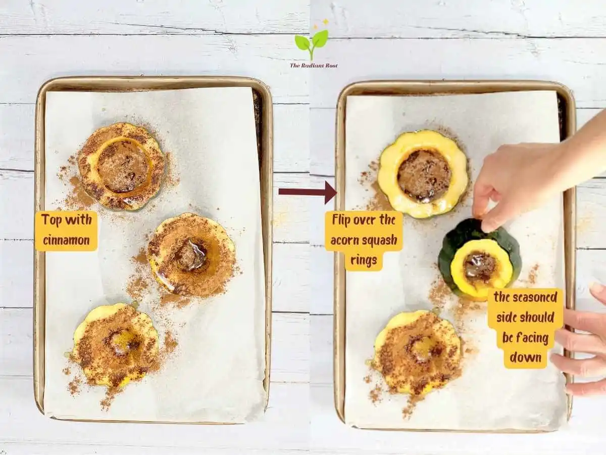 Instructions 12 and 13 of 19 for the baked acorn squash slices: Two photos side by side. On the left is a photo of a white wooden table with a brown parchment lined baking sheet with the 3 acorn squash slices coated with olive oil and garlic powder, and now cinnamon. The words read “top with cinnamon.” There is a red arrow pointing to the right photo. In the photo on the right are two hands turning over the seasoned acorn squash slices that are lying on the parchment paper lined baking sheet so the non seasoned side is showing. The words read “Flip over the acorn squash. The seasoned side should be facing down.” | Baked Acorn Squash Slices | The Radiant Root