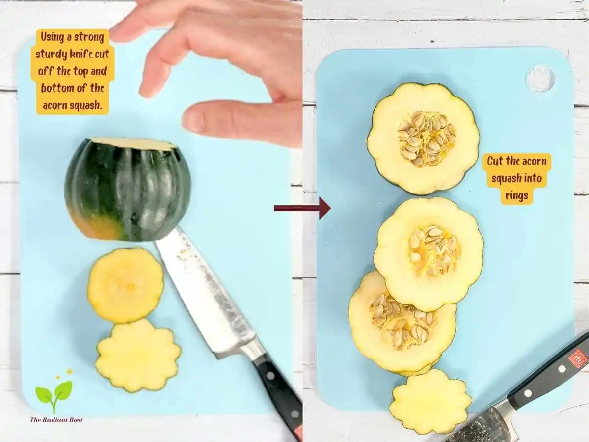 Instructions 4 and 5 of 19 for the baked acorn squash slices: Two photos side by side. On the left is a photo of a green acorn squash with the top and bottom sliced off sitting next to a Chef’s knife on top of a light blue cutting board on a white wooden table with the words in brown saying “Using a sturdy knife cut off the top and bottom of the acorn squash.” There is a red arrow pointing to the photo no the right. On the Right is a photo of 3 acorn squash ring slices laying flat on a light blue cuting board on top of a white wooden table with the words “cut the acorn squash into rings.” | Baked Acorn Squash Slices | The Radiant Root