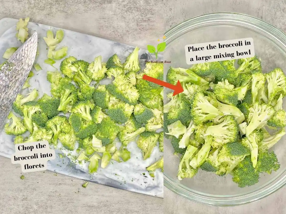 Roasted Balsamic Broccoli Instruction Photo 2 and 3 of 11: Two photos on the left is a grey slate table top with a marbled cutting board covered with chopped broccoli florets and a chef’s knife. There is a red arrow pointing to the photo on the right of the same background with a large glass bowl showing the florets inside and the words above the bowl saying “Place the broccoli in a large mixing bowl.” | roasted garlic broccoli | The Radiant Root