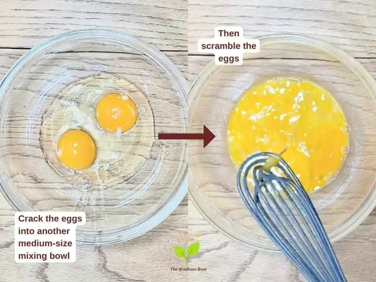 Instruction 8 of 12 for the banana bread no added sugar recipe: Two photos side by side. On the left is a medium-sized glass mixing bowl on a wooden table. In the bowl are two eggs cracked with the words “carck the eggs into another medium-sized bowl” a red arrow points to the photo on the right with the same mixing bowl on a wooden table with the eggs scrambled and a blue whisk. The words say “then scramble the eggs.” | Banana Bread No Added Sugar Recipe | The Radiant Root