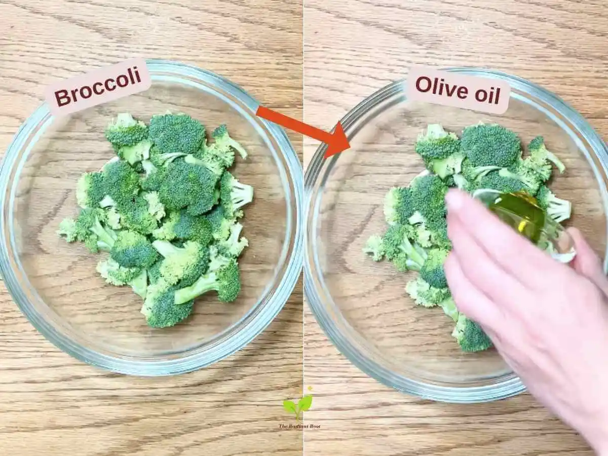 Cinnamon Broccoli Instruction Photos 1 and 2 Broccoli in a bowl and broccoli with olive oil pouring on top | The Radiant Root