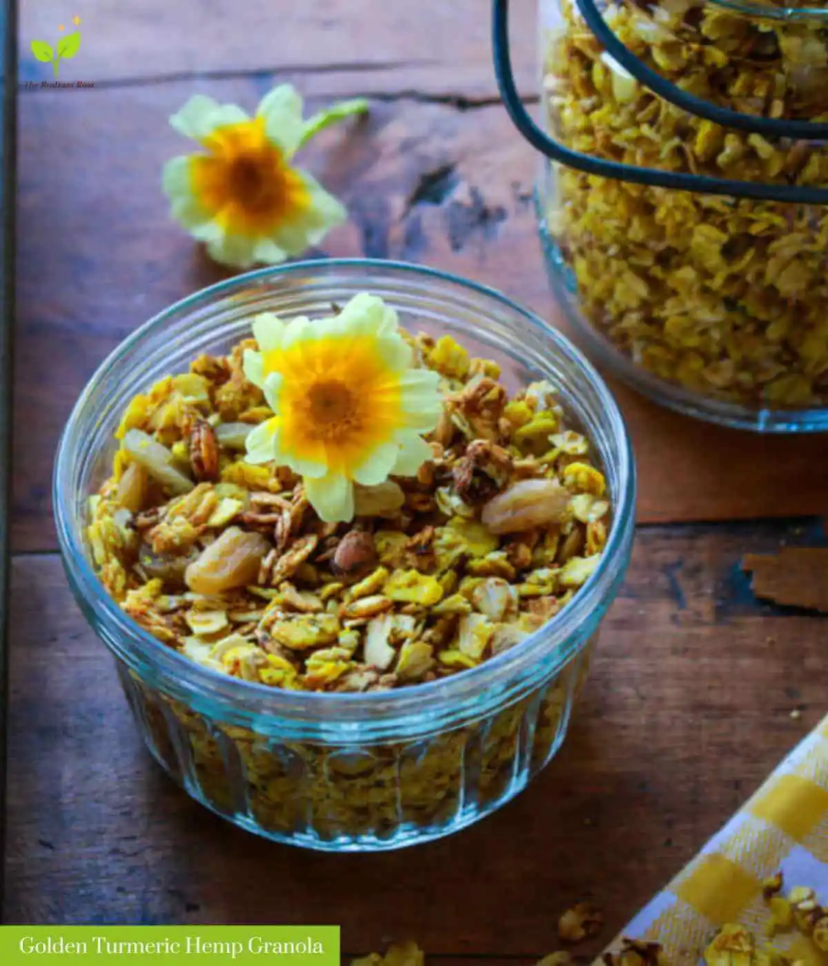 Hemp Hearts Recipes photo 4 of 10: A wooden table with a bowl of golden turmeric hemp granola part of the hemp hearts recipes round-up. | hemp seed hearts | The Radiant Root