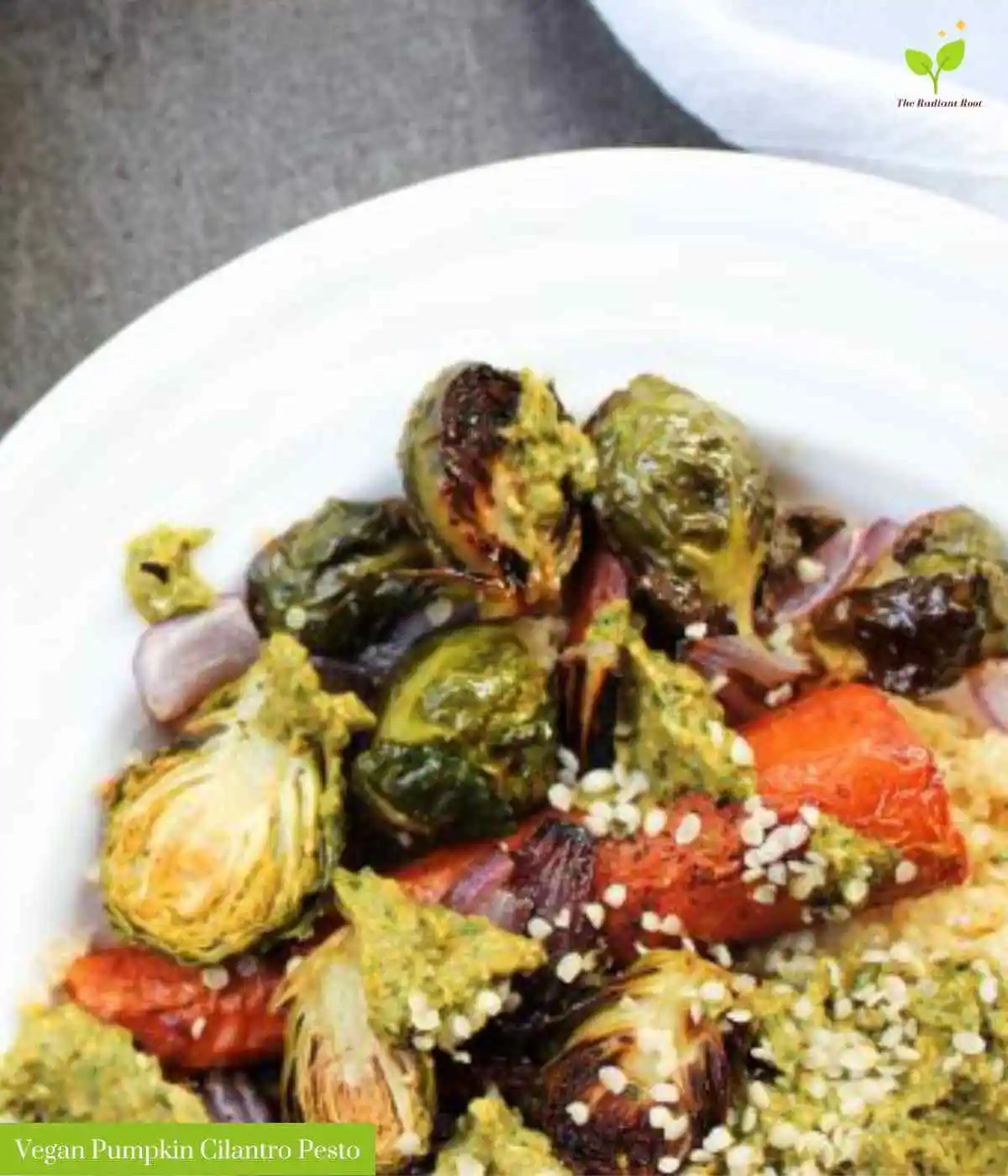 Hemp Hearts Recipes photo 7 of 10: Vegan Pumpkin Cilantro Pesto over roasted vegetables in a white plate part of the hemp hearts recipes round-up. | hemp hearts seeds | The Radiant Root