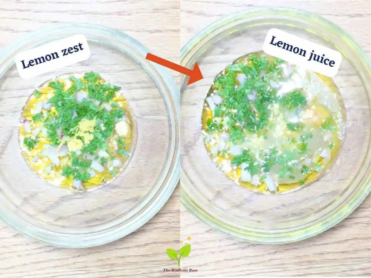 Lupini beans salad photo 5 and 6 of 15 : On the left there is a wooden table with a clear glass bowl containing olive oil, diced shallots, dry mustard, fresh parsley, and lemon zest. It reads “lemon zest.” There is a red arrow in the middle pointing to the right photo. On the right there is a wooden table with a clear glass bowl containing olive oil, diced shallots, dry mustard, fresh parsley, lemon zest, and lemon juice. It reads “lemon juice.” | Lupini beans Nutrition | The Radiant Root