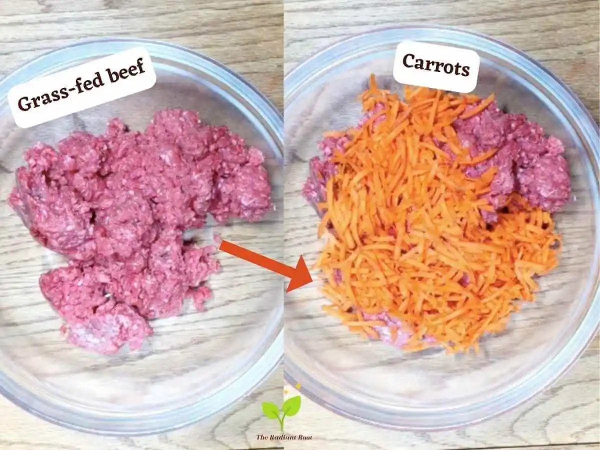 Spinach Meatball photo 2 and 3 of 13: On the left it shows a wooden table with a medium clear glass mixing bowl containing grass-fed ground beef it reads “grass-fed beef.” There is a red arrow pointing to the right photo showing a wooden table with a medium clear mixing bowl containing ground grass-fed beef and carrots. It reads “carrots.” | how to make easy meatballs | The Radiant Root