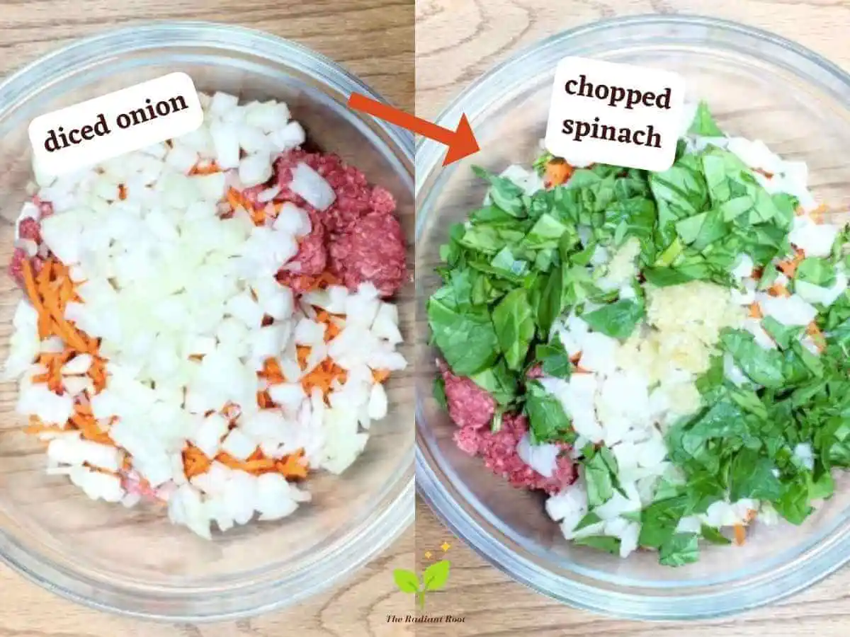 Spinach Meatball photo 4 and 5 of 13 : On the left it shows a wooden table with a medium clear glass mixing bowl containing grass-fed ground beef, carrots, and diced white onion. It reads “diced onion” There is a red arrow pointing to the right photo showing a wooden table with a medium clear mixing bowl containing grass-fed ground beef, carrots, diced white onion, and chopped fresh spinach. It reads “spinach.” | easy-to-make meatballs | The Radiant Root