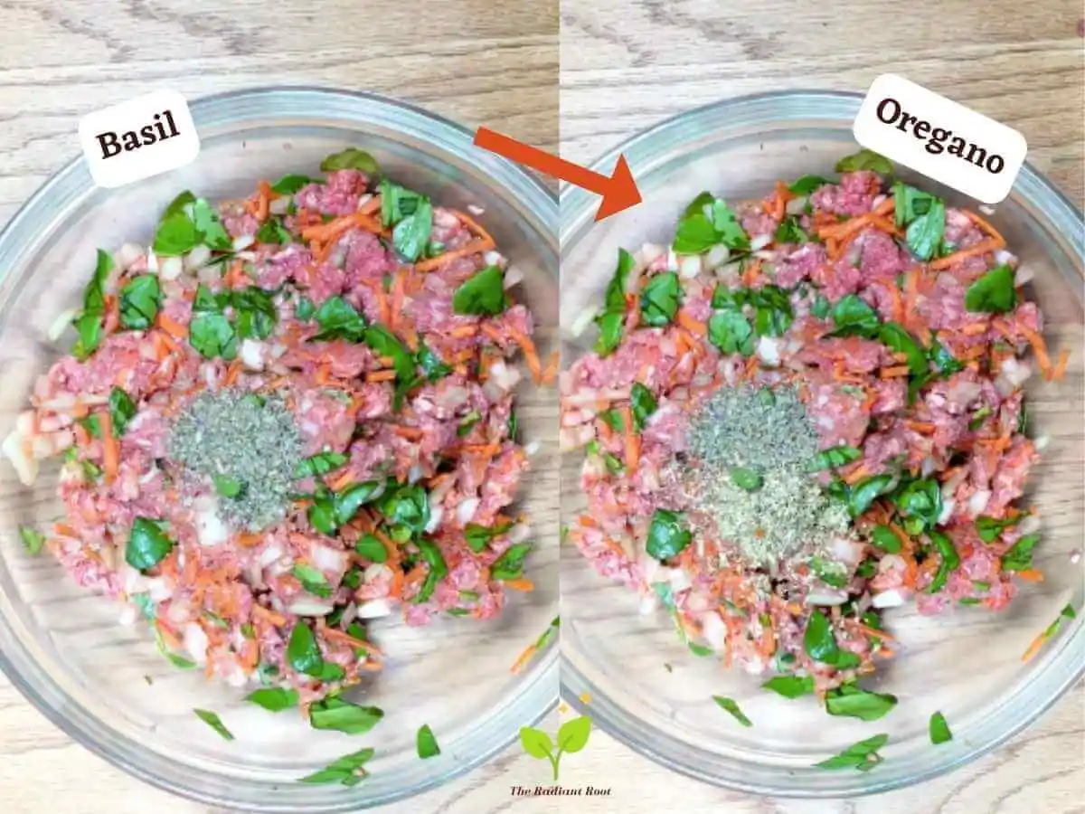 Spinach Meatball photo 7 and 8 of 13: On the left it shows a wooden table with a medium clear glass mixing bowl containing grass-fed ground beef, carrots, diced white onion, spinach, and basil. It reads “basil” There is a red arrow pointing to the right photo showing a wooden table with a medium clear glass mixing bowl containing grass-fed ground beef, carrots, diced white onion, spinach, basil, and oregano. It reads “oregano.” | beef meatball recipe | The Radiant Root