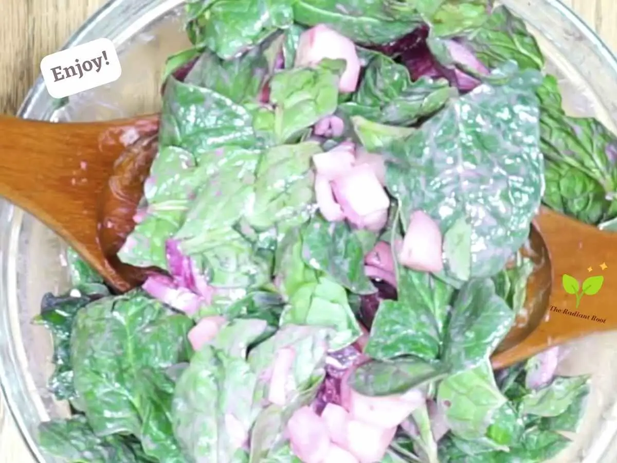 Cucumber Beetroot Salad recipe instruction photos 11 of 11 : A close of a wooden table with the medium mixing bowl showing the completed salad dressed in the tahini dressing with the salad tongs sitting in the bowl. | is a beet a vegetable | The Radiant Root