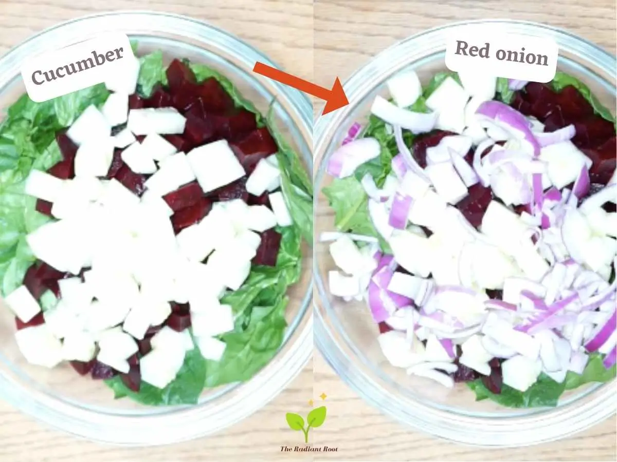 Cucumber Beetroot Salad recipe instruction photos 7 and 8 of 11 : Two photos side by side in the photo on the left there is a a close up of a wooden table with a medium sized clear glass mixing bowl containing spinach, roasted beets, and cucumber. It reads “cucumber.” There is a red arrow pointing to the photo on the right where the same bowl sits containing spinach, roasted beets, cucumber, and red onion. It reads “red onion.” | beetroot salad | The Radiant Root