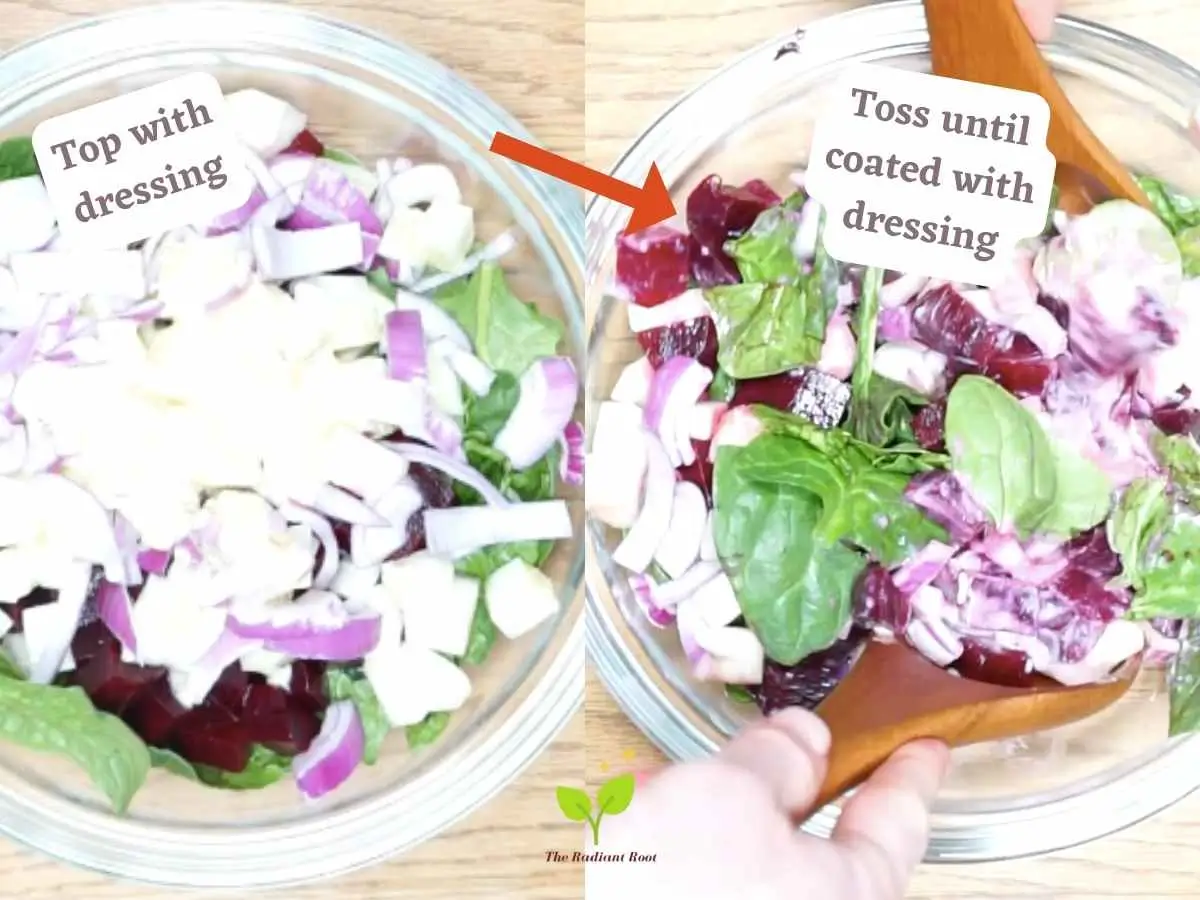 Cucumber Beetroot Salad recipe instruction photos 9 and 10 of 11 : Two photos side by side in the photo on the left there is a a close up of a wooden table with a medium sized clear glass mixing bowl containing spinach, roasted beets, cucumber, red onions, and the tahini dressing. It reads “top with dressing.” There is a red arrow pointing to the photo on the right containing the same bowl wth the salad ingredients mixed together showing them being tossed by salad tongs. It reads “toss until coated with dressing.” | what are beets | The Radiant Root