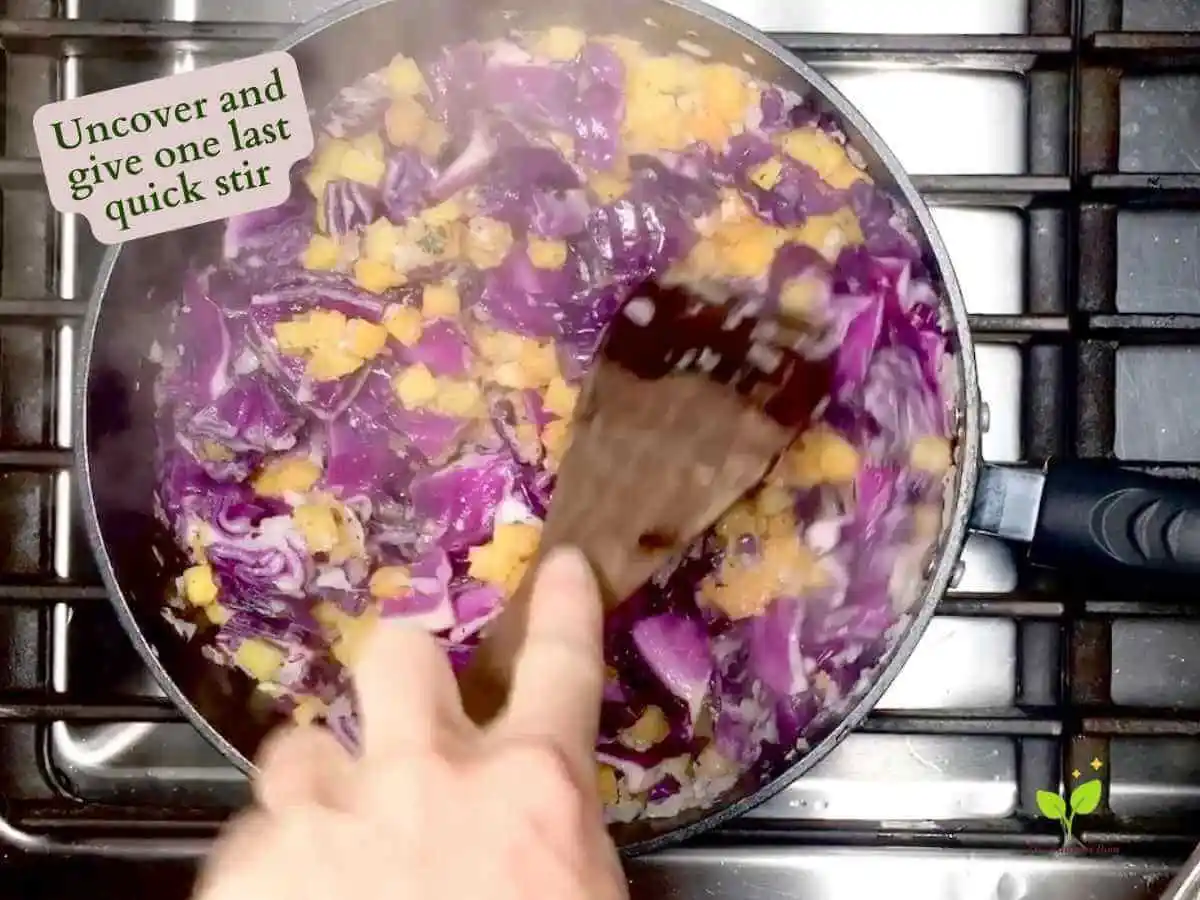 Red Cabbage Stir Fry recipe instruction photo 13 of 14 : A close up of the pan containing the cooked white diced onion, garlic, red cabbage, olive oil, parsley, basil, and butternut squash on the stove top. There is a hand stirring the ingredients with a wooden spatula. it reads “uncover and give one last quick stir.” | stir-fried cabbage | The Radiant Root