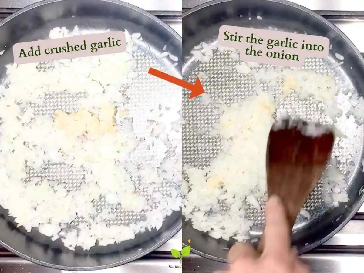 Red Cabbage Stir Fry recipe instruction photo 3 and 4 of 14 : There are two photos. On the left is a close up of a stir fry pan containing the white diced onion and garlic. It reads “add crushed garlic.” There is a red arrow pointing to the right photo containing the same pan with a hand on a wooden spatula stirring the onion and garlic mixture. It reads “Stir the garlic into the onion.” | how to cook cabbage on stove | The Radiant Root