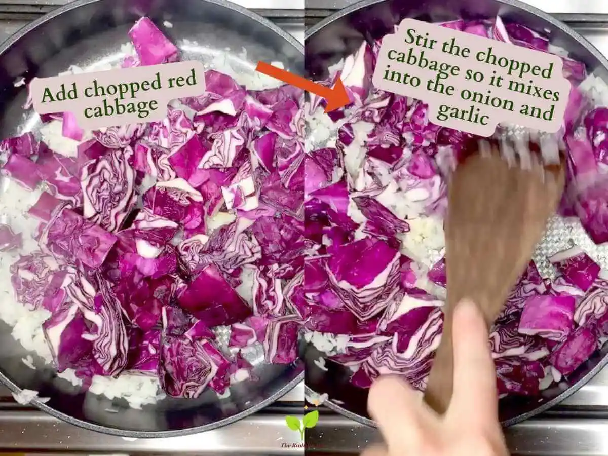 Red Cabbage Stir Fry recipe instruction photo 5 and 6 of 14 : There are two photos. On the left is a close up of a stir fry pan containing the white diced onion, garlic, and red cabbage. It reads “add chopped red cabbage.” There is a red arrow pointing to the right photo containing the same pan with the cabbage mixed by a wooden spatula. It reads “Stir the chopped cabbage so it mixes into the onion and garlic.” | best way to cook cabbage | The Radiant Root