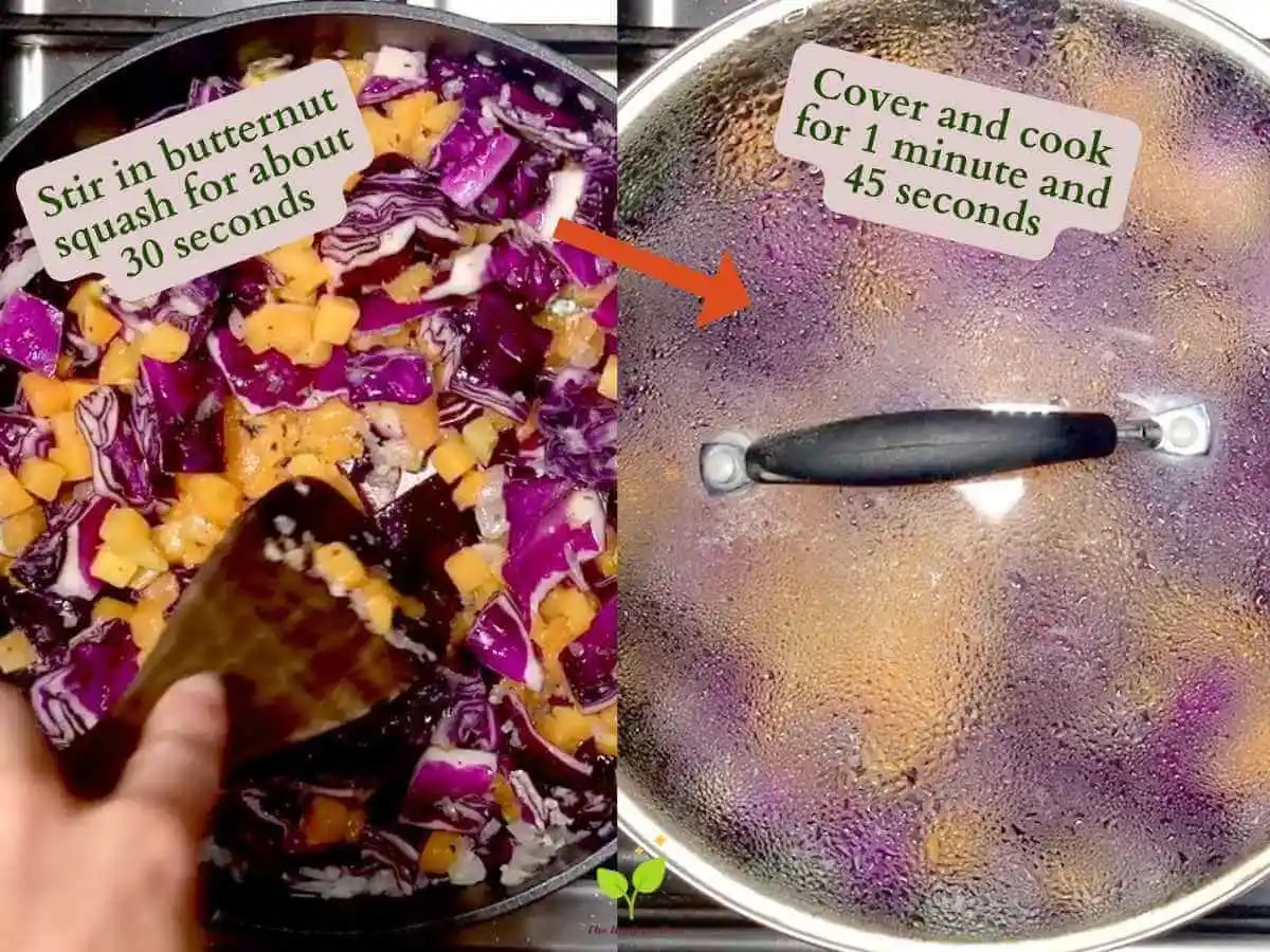 Red Cabbage Stir Fry recipe instruction photo 9 and 10 of 14 : There are two photos. On the left is a close up of a stir fry pan containing the white diced onion, garlic, red cabbage, olive oil, parsley, basil, and thawed frozen butternut squash.There is a hand holding a wooden spatula stiring the ingredients together. It reads “stir in butternut squash for about 30 seconds.” There is a red arrow pointng to the right photo containing the same pan covered cooking. It reads “cover and cook for 1 minutes and 45 seconds.” | cabbage stir fry | The Radiant Root