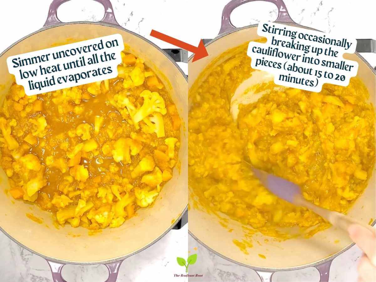 Cauliflower Butternut Squash Mash recipe instruction photo 12 and 13 of 16: Two photos side by side. On the left there is close of up the same pot uncovered consisting of the of cauliflower, butternut squash, cumin, paprika, turmeric, and ground mustard stirred together and simmering. It reads “Simmer uncovered on low heat until all the liquid evaporates.” Between the two photos is a red arrow pointing from the left photo to the right. On the right there is close up of a large purple pot uncovered consisting the mixed cauliflower, butternut squash, cumin, paprika, turmeric, and ground mustard with a purple spoon stirring the mixture. It reads “Stirring occasionally breaking up the cauliflower into smaller pieces (about 15 to 20 minutes).” | mashed cauliflower recipes | The Radiant Root