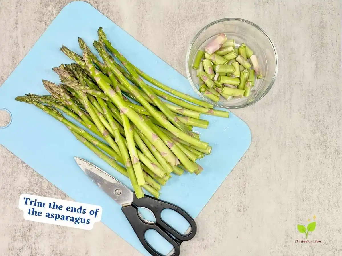 Balsamic glazed asparagus recipe instruction photo 1 of 10 : A grey marble table top with a light blue cutting board. On top is trimmed fresh asparagus next to the cutting board on the right is a clear round glass dish containing the woody ends that were cut off the aspragus. Below the trimmed asparagus are kitchen shears. | balsamic vinegar asparagus | The Radiant Root