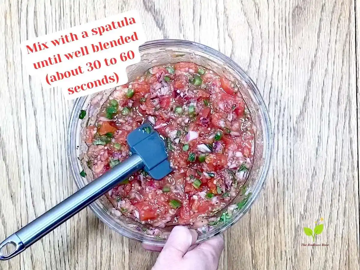 Cilantro salsa recipe instruction photo 7 of 8: A close-up of a wooden table containing a medium glass mixing bowl containing diced canned tomatoes, diced red onion, diced jalapeno peppers, cilantro, garlic, and lime juice. In the bowl is a blue spatula. “Mix with a spatula until well blended (about 30 to 60 seconds).” | homemade salsa ingredients | The Radiant Root