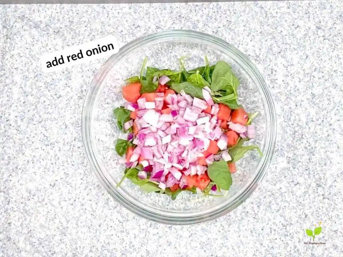 Watermelon avocado salad recipe instruction photo 15 of 20: There is a black speckled table top with a large clear glass mixing bowl on top. Inside the bowl is spinach, watermelon, and red onion. In the upper left hand corner it reads “add red onion.” | benefits of eating watermelon | The Radiant Root