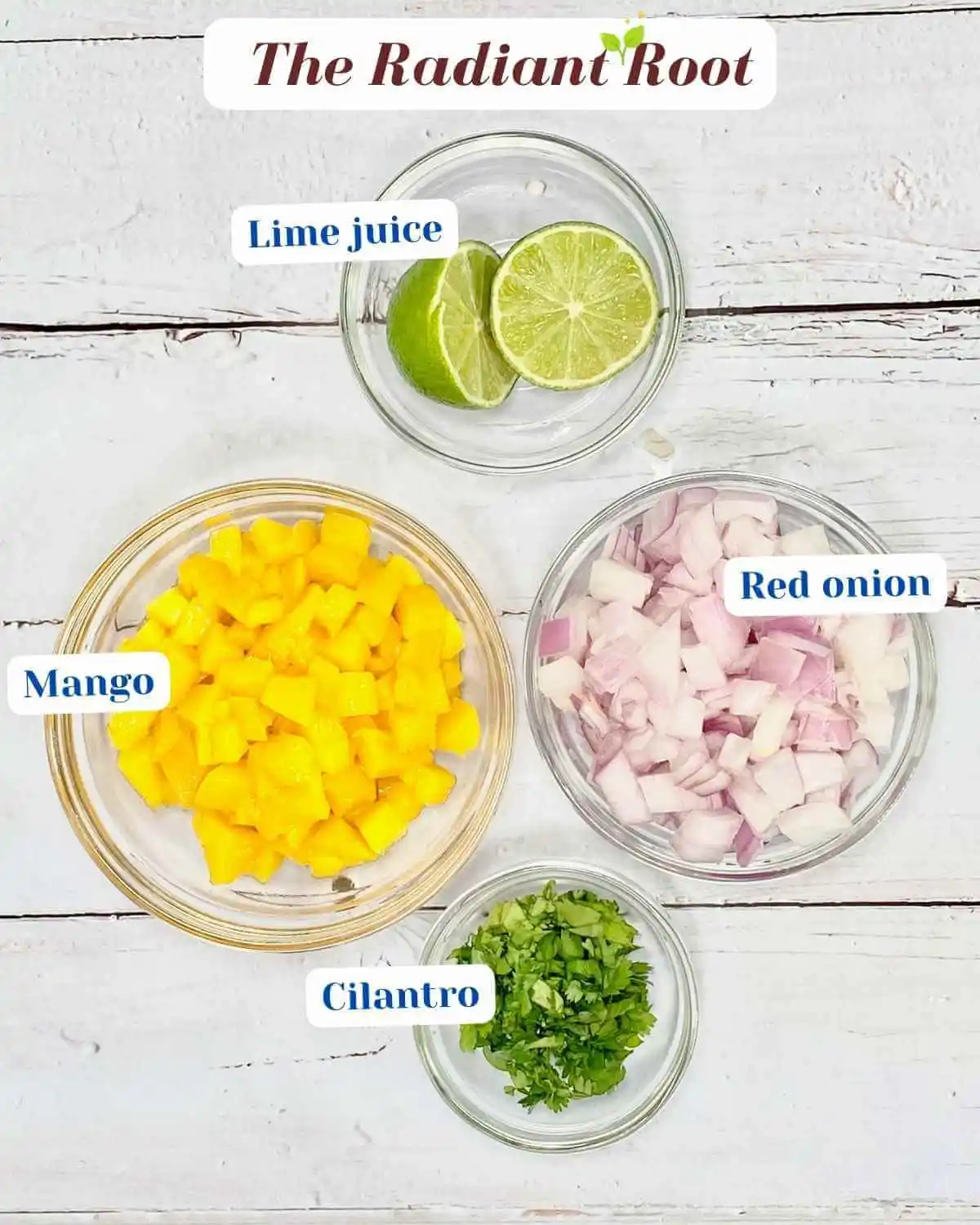 Mango salsa Ingredient photo: A close up of the blue wooden table with clear glass dishes containing the ingredients for mango salsa with the names next to them: Diced mango, chopped cilantro, diced red onion, and a lime cut in half | homemade mango salsa | The Radiant Root