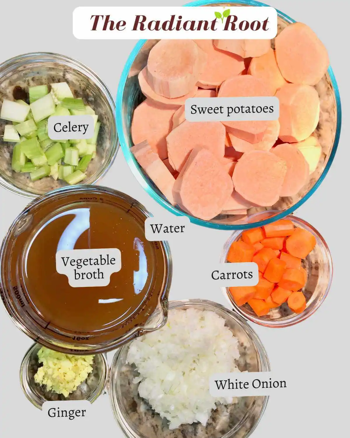 Ingredients of soup: Sweet potatoes, celery, carrots, onion, ginger for Ginger Sweet Potato Soup Ingredients | The Radiant Root